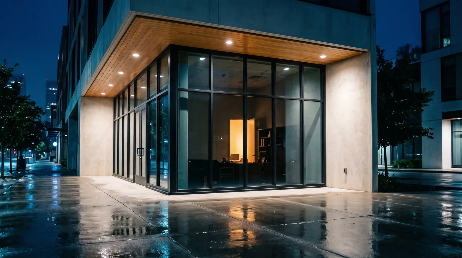 A modern glass-fronted law office at night, closed for the day, with one warm light still on inside and rain on the pavement outside.